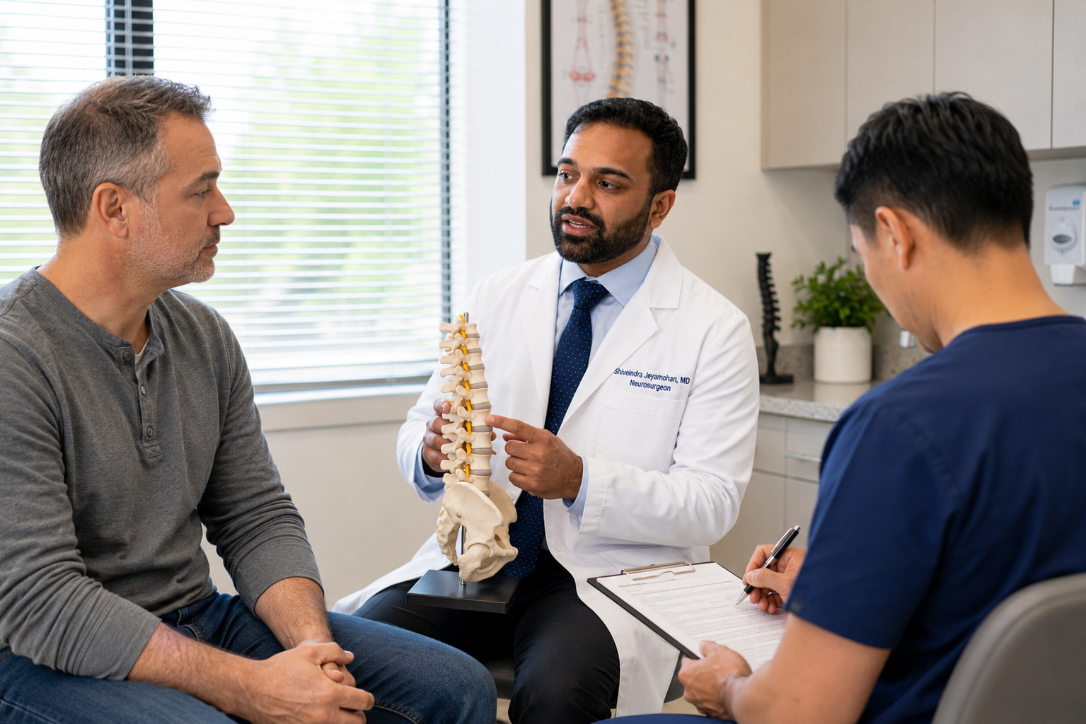 Dr. Shiveindra Jeyamohan explaining the revision spine surgery procedure to a male patient in his 50s, after a failed back surgery.