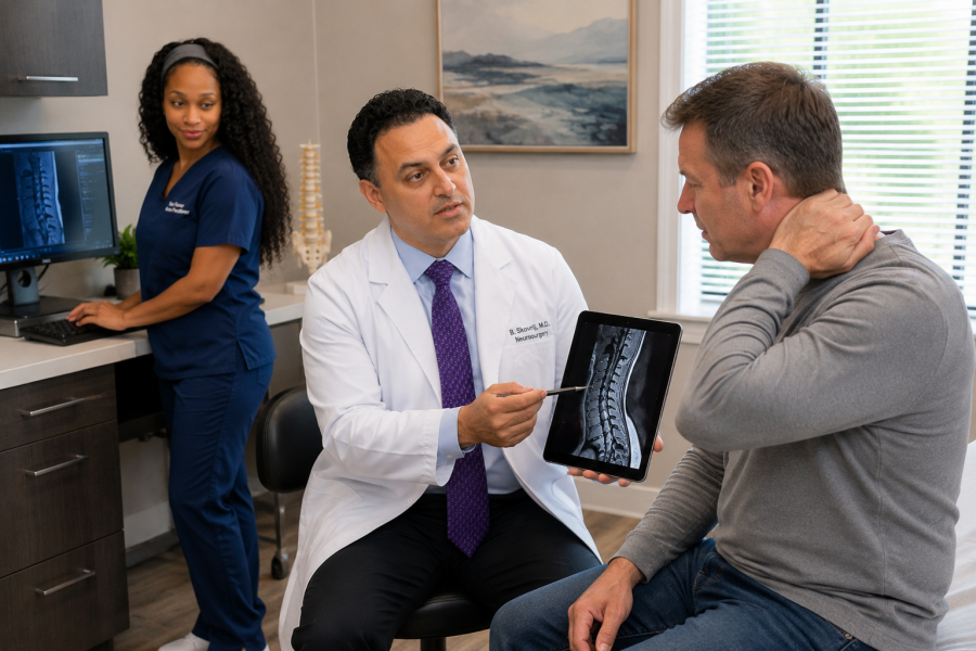 Dr. Branko Skovrlj evaluating male patient with chronic neck pain and reviewing the neck imaging together