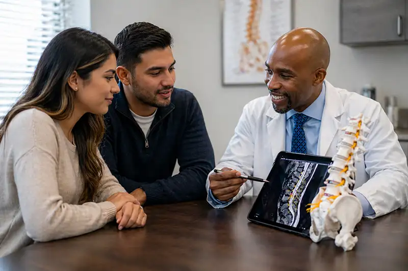 Dr. Uche Eneanya explaining spinal MRI results to patient using tablet and spine model
