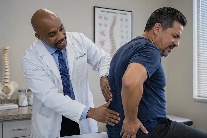 Dr. Uche Eneanya examining patient’s lower back to assess spinal stenosis symptoms