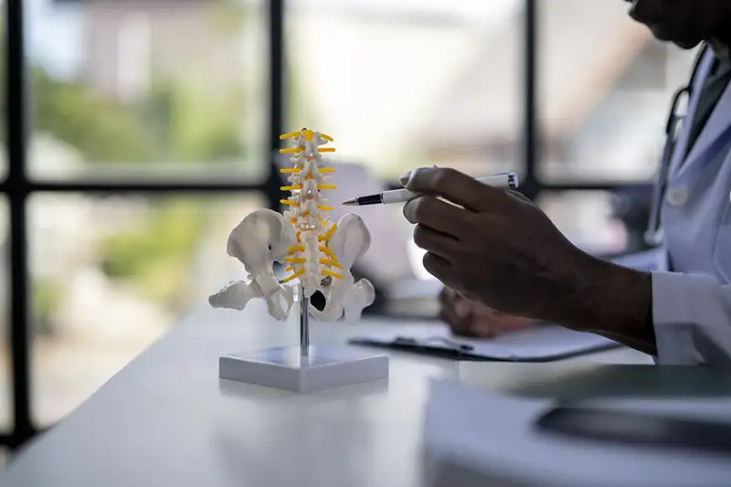 Physician explaining spinal canal narrowing using spine model during evaluation