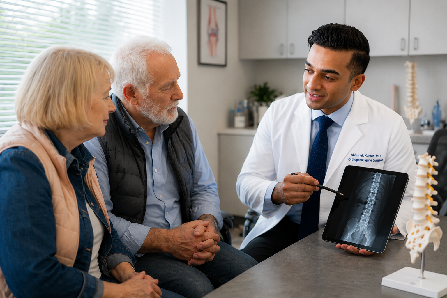 Physician reviewing joint imaging and discussing orthopedic surgery options with patient