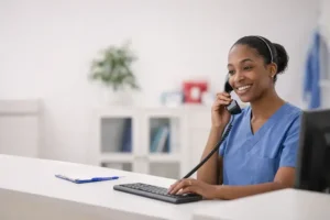 Pain management and spine specialists answering phone for patients in New Jersey clinic
