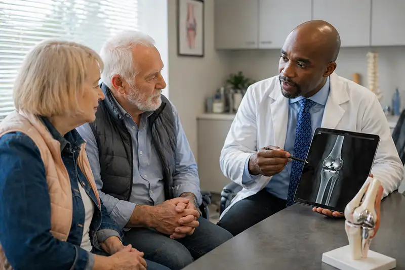 Physician reviewing joint imaging and discussing orthopedic surgery options with patient