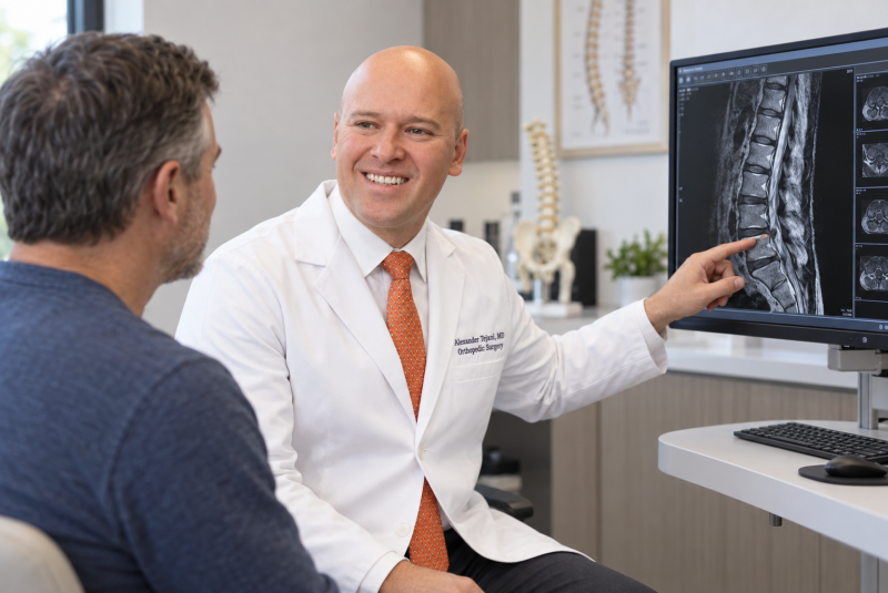 Dr. Alexander H. Tejani showing patient x-rays for Disc degeneration