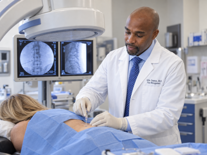 Dr. Uche Eneanya, CPS pain specialist performing an image-guided spinal injection for targeted treatment