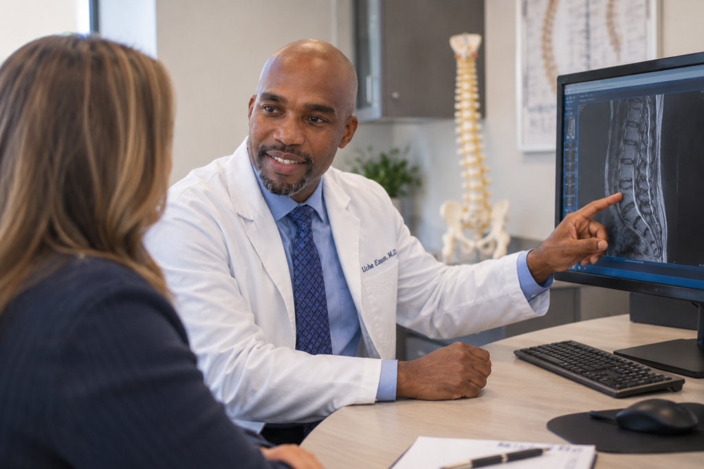 Dr. Uche Eneanya reviewing spine imaging and non-surgical treatment options with a patient