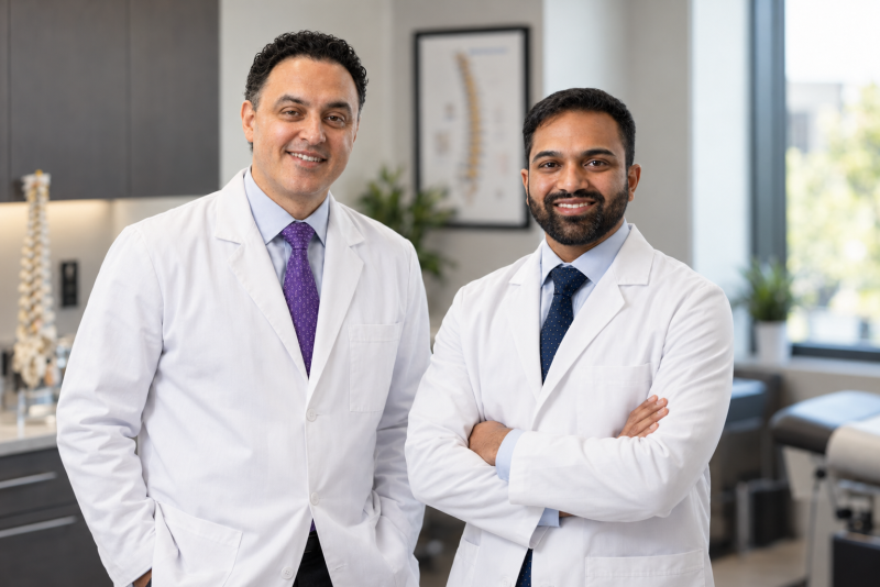 Dr. Branko Skovrlj and Dr. Shiveindra Jeyamohan in a Comprehensive Pain Solutions of New Jersey clinic office.
